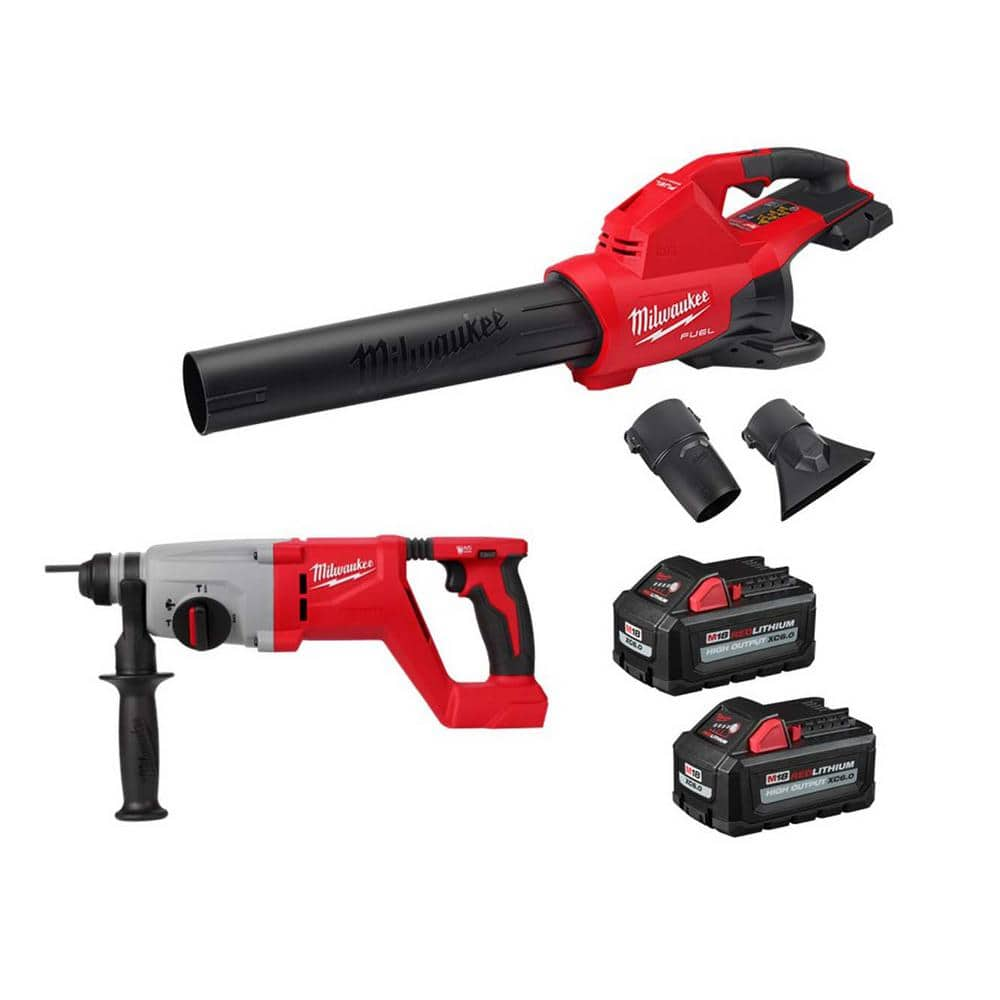 M18 FUEL Dual Battery 145 MPH 600 CFM 18V Cordless Blower w/1 in. SDS-Plus D-Handle Rotary Hammer, (2) 6.0 Ah Batteries -  Milwaukee, 2824-2613-62