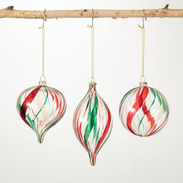 SULLIVANS 4", 5" and 7" Green Red Striped Ornament (Set of 3)