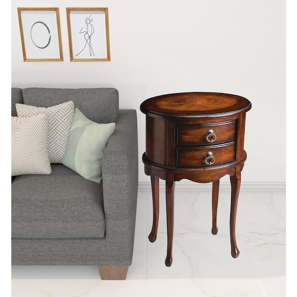 HomeRoots Charlie 18 in. Dark Brown Oval Wood End Table with Drawers