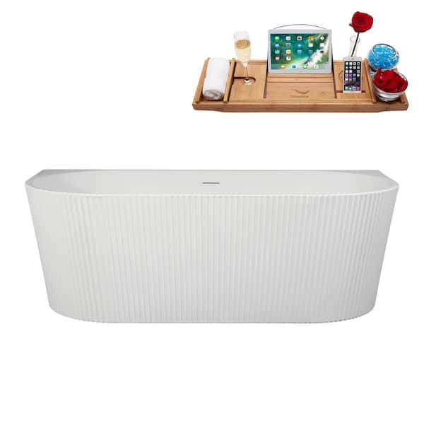 67 in. x 32 in. Acrylic Freestanding Soaking Bathtub in Glossy White With Brushed Nickel Drain, Bamboo Tray