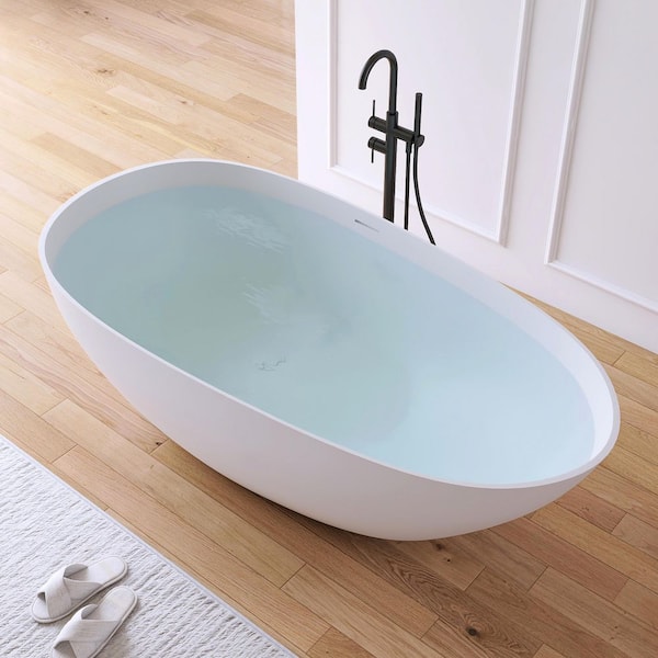 Luna 67 in. x 33 in. Stone Resin Solid Surface Matte Flatbottom Freestanding Soaking Bathtub in White
