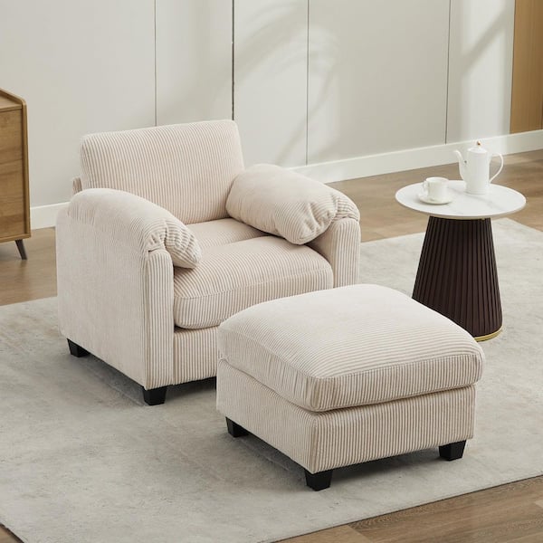 Modern Beige Corduroy Velvet Accent Armchair with Ottoman for Living Room