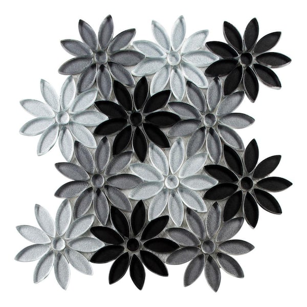 Fresh Ticia Black/Gray 9.5 in. x 11.5 in. Floral Pattern Smooth Polished Glass Mosaic Tile (3.8 sq. ft./Case)