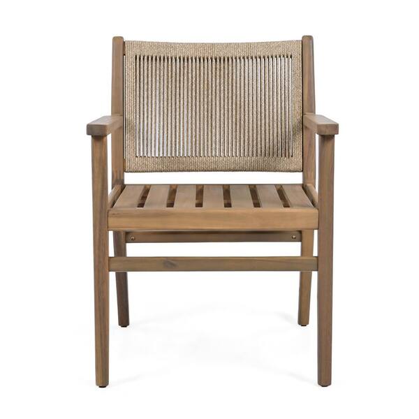 Wood Outdoor Dining Chairs Set of 2 with Beige Cushion, Light