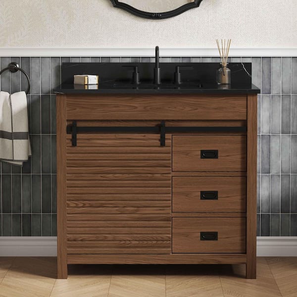 DELUXE DL LIVING Harris 37 in. Single Sink Freestanding Brown Bath Vanity with Black Sintered Stone Top and Backsplash Assembled