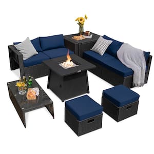 9-Piece Wicker Furniture Patio Conversation Set Fire Pit SpaceSaving with Cover Navy Cushion Cover