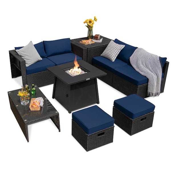 9-Piece Wicker Furniture Patio Conversation Set Fire Pit SpaceSaving with Cover Navy Cushion Cover