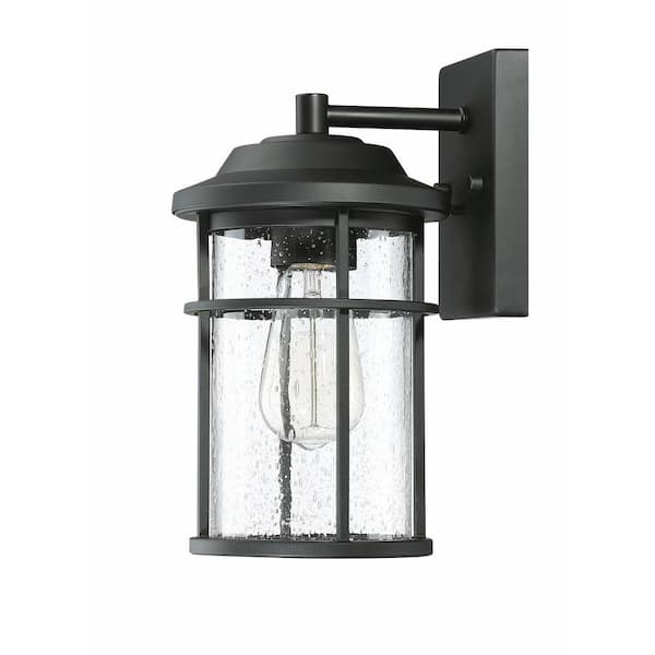 Pia Ricco 11.9 in.1-Light Matte Black Hardwired Outdoor Wall Light Lantern Sconce with Clear Seeded Glass
