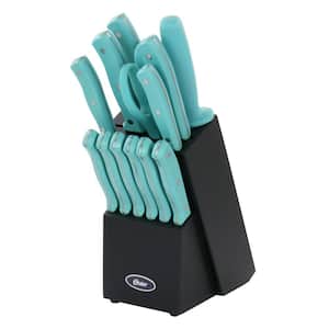 Evansville 14- Piece Stainless Steel Knife Set in Light Blue with Wood Block