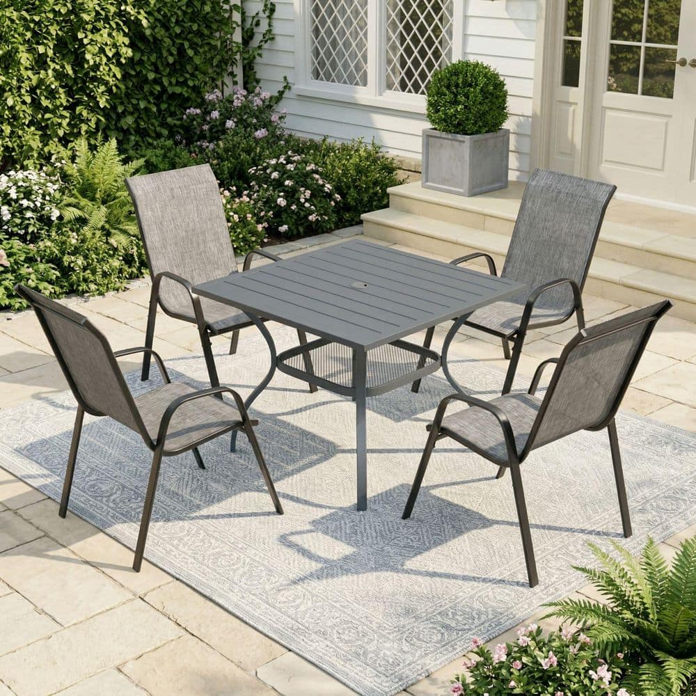 5-Piece Metal Outdoor Dining Set with 37.8 in. Gray Square Dining Table and 4 Gray Stackable Textilene Chairs price history on PriceWatchPro