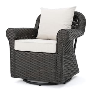 Amaya Dark Brown Swivel Faux Rattan Outdoor Lounge Chair with Beige Cushions