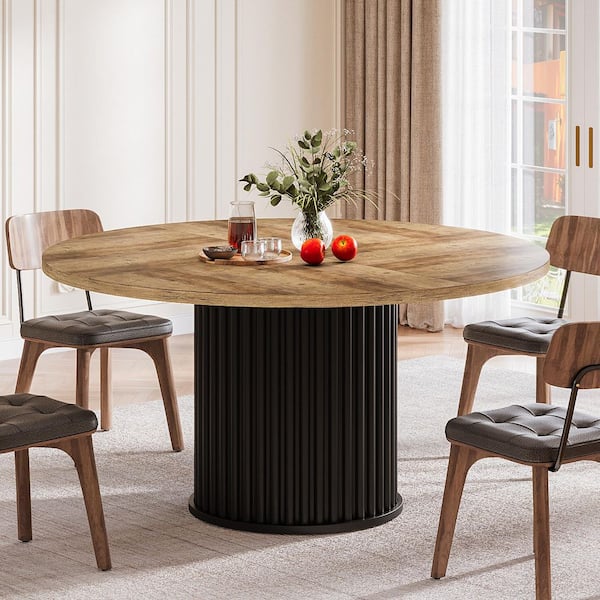 Delilah Modern Brown Black Wood 47 in. Trestle Dining Table Round Pedestal Kitchen Table Seats 4 for Dining Room
