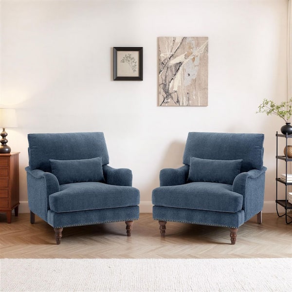 Modern Navy Blue Chenille Arm Chair with Flared Arm (Set of 2)