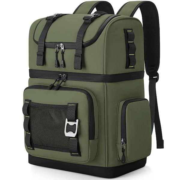 Green 26L Double Decker Insulated Cooler Picnic Backpack, Waterproof Leakproof Holds 44 Cans