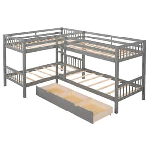 Gray L-Shaped Bunk Beds for 4, Twin Over Twin Bunk Bed with Drawers, Solid Wood Twin Size Bunk Bed Fram for Kids, Teens