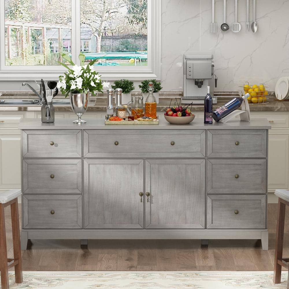 FUFU&GAGA Gray Wood 59.1 in. W Sideboard with 2 Large Drawers, 3 Small  Drawers and 2 Cabinets 33.5 in. H x 15.7 in. D KF020263-03 - The Home Depot