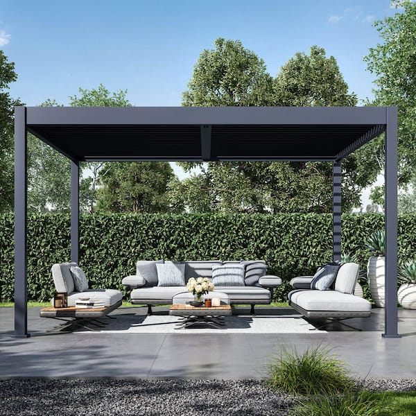 Grand Tuscan 12 ft. x 14 ft. Slate Gray Aluminum Louvered Pergola