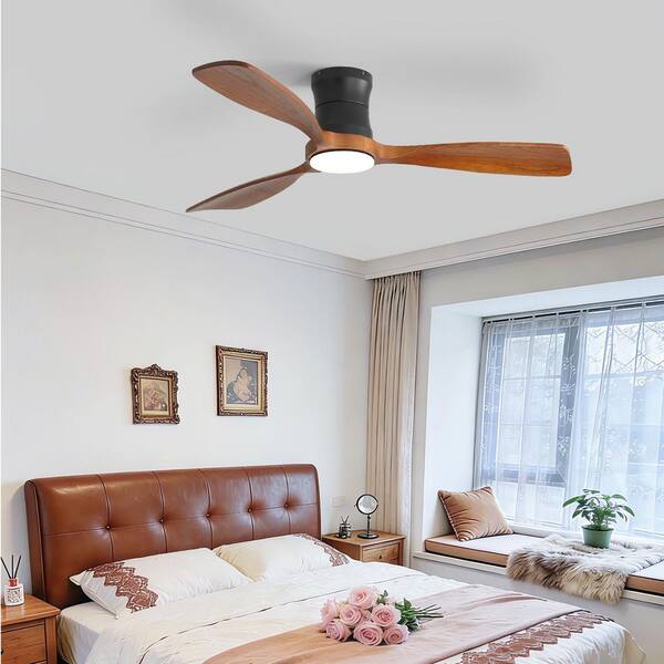 48 in. Modern Indoor/Outdoor Low Profile Standard Solid Wood Black Flush Ceiling Fan with LED Light Kits, Remote Control