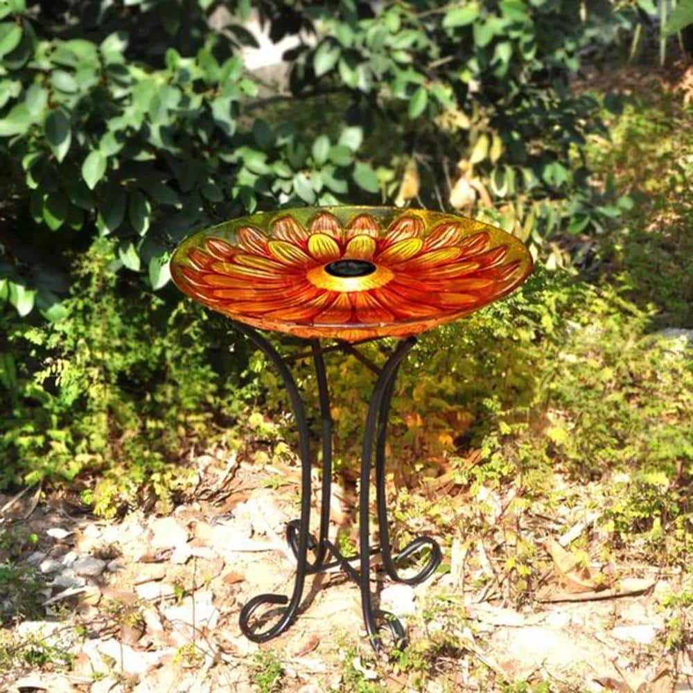 Solar Floral Glass Bird Bath with Metal Stand