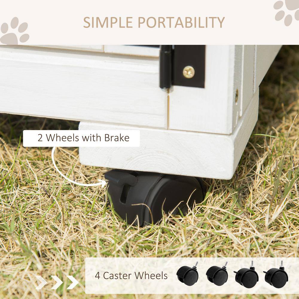 Large White and Gray Wooden Outdoor Cat House with Wheels