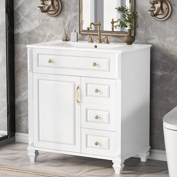 30 in. Single Sink Freestanding White Bath Vanity with White Ceramic Top - Flip-Out Drawer, Soft-Close