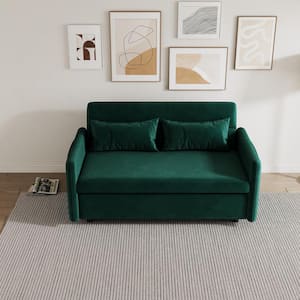 54 in. Green Velvet Twin Size Sofa Bed with 2 Pillows