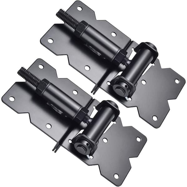 Self-Closing Heavy Duty Gate Hinges – Adjustable Spring Tension, Safety Cap, Alignment Legs, Weatherproof, 2-Pack (Black)