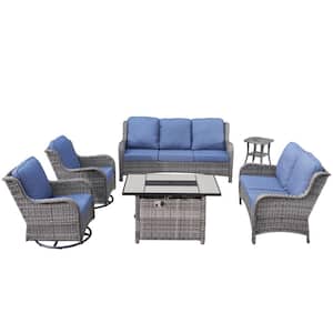 Vincent Gray 6-Piece Wicker Patio Rectangular Fire Pit Set with Denim Blue Cushions and Swivel Rocking Chairs