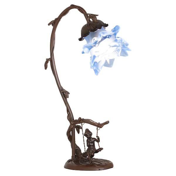 Floral 16 in Timeless Bronze Victorian Novelty Table Lamp with Blue Glass Shade
