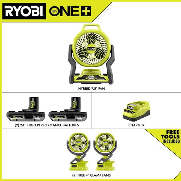 ONE+ 18V Cordless Hybrid 7.5 in. Fan Kit w/ (2) 2Ah Batteries, Charger, w/ FREE ONE+ Cordless 4 in. Clamp Fan (2-Pack)