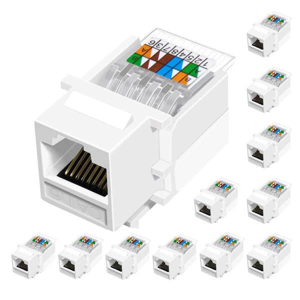 Cat6 RJ45 Keystone Jack Inserts Toolless 12-Pack, Female Ethernet Snap-In Modules for Wall Plates, White