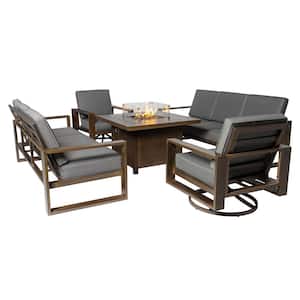 Aluminum Patio Conversation with Gray Cushions, 41.34 in. Fire Pit Table Sofa Set - 2 Swivel plus 2 x 3-Seater Sofa