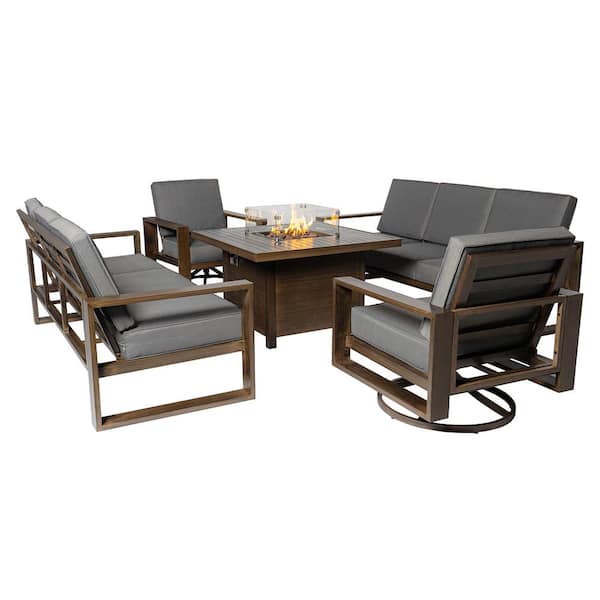 PATIOPTION Aluminum Patio Conversation with Gray Cushions, 41.34 in. Fire Pit Table Sofa Set - 2 Swivel plus 2 x 3-Seater Sofa
