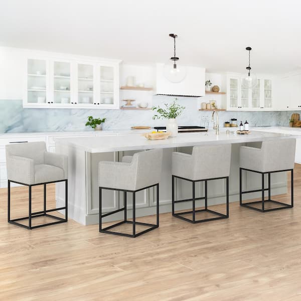 LUE BONA Luna 26 in. Gray Fabric Upholstered Counter Bar Stool with Black Metal Frame Square Counter Stool Set of 4