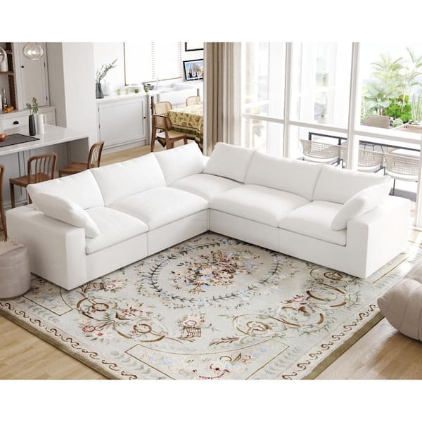 Magic Home 120.45 in. Free Combination Large 5-Seat L-shape Corner Modular Linen Down Upholstered Sectional Sofa with Ottoman,White