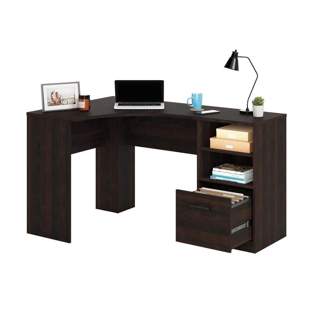 Oak Brown L-Shaped Corner Desk with Drawer and Filing Cabinet
