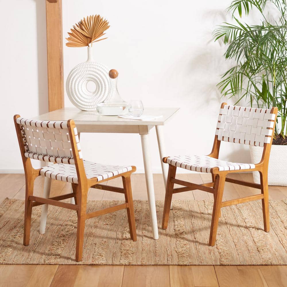 Taika White and Natural Woven Leather Dining Chair Set