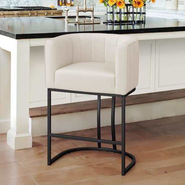 LUE BONA Siska 26 in. Modern Beige Fabric Upholstered Counter Stool with Black Metal Frame Barrel Counter Bar Stool