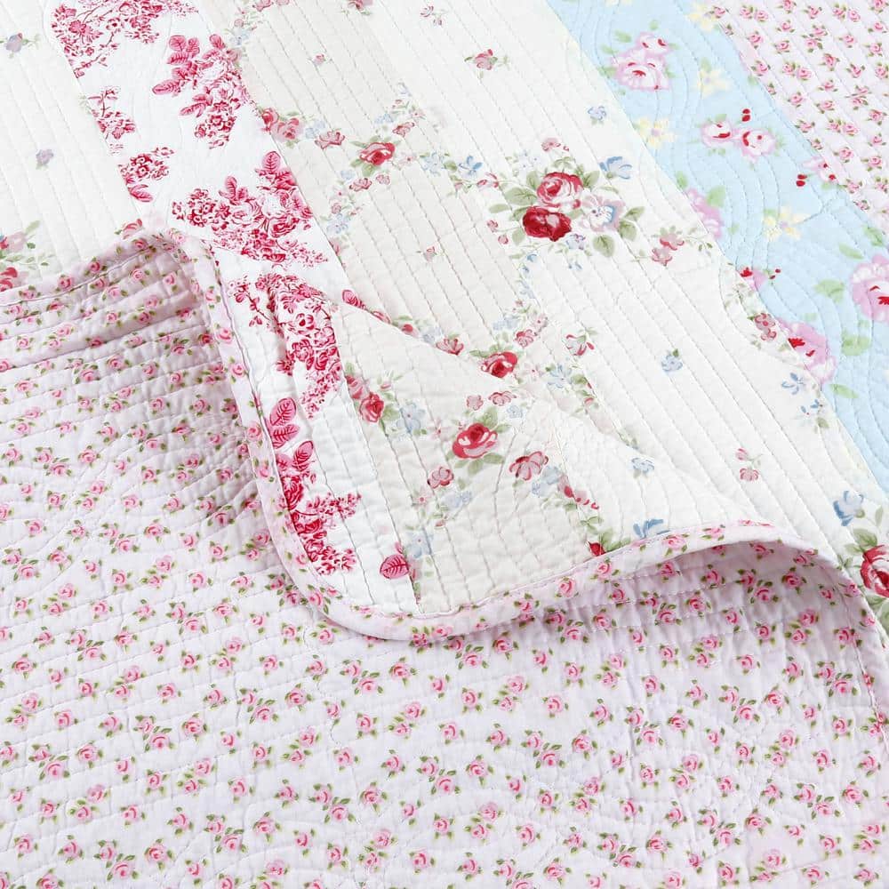Twin Pink Floral Cotton Reversible Quilt Set