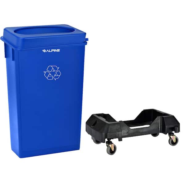 Alpine Industries 23 Gal. Blue Vented Indoor Garbage Trash Container Commercial Slim Recycling Bin with Lid and Dolly