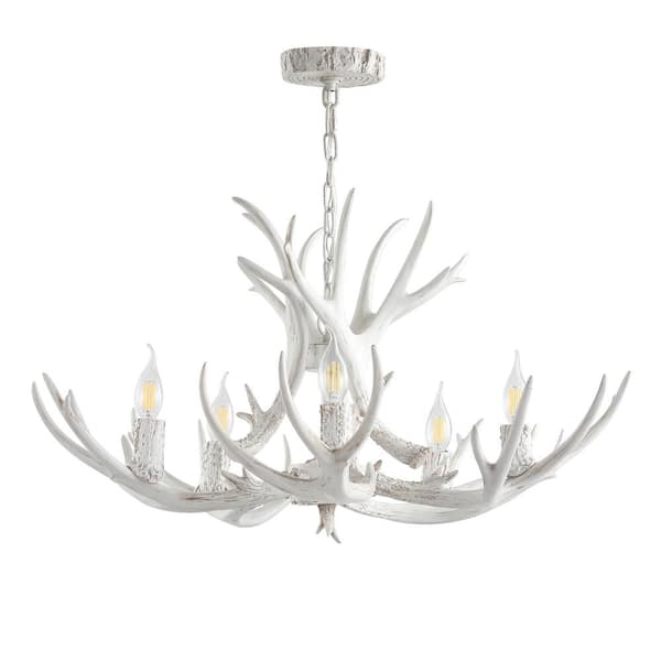 Eldora 30 in. Adjustable Resin Antler 5-Light White LED Chandelier
