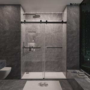 60 in. W x 80 in. H Sliding Frameless Shower Door in Matte Black with 3/8 in. Clear Glass