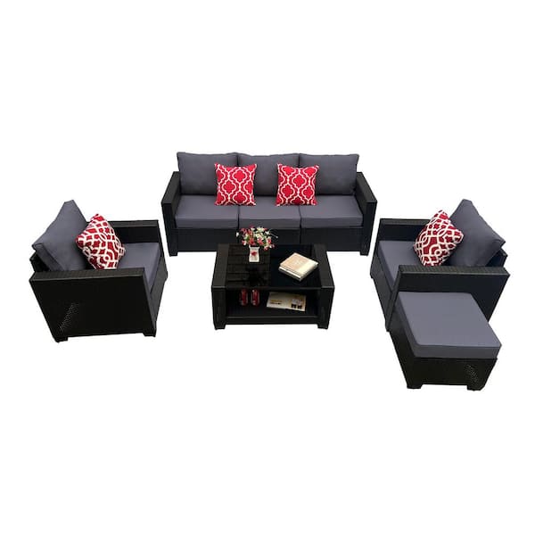 7-Piece PE Rattan Wicker Conversation Set Sofa Set with Gray Cushions and Coffee Table