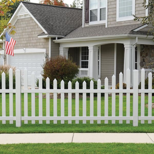 Glendale 4 ft. H x 8 ft. W White Vinyl Scalloped Top Spaced Picket Fence Panel with 3 in. Unassembled Pointed Pickets