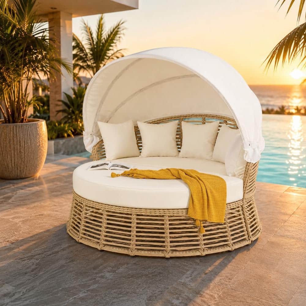 Outdoor Wicker Round Daybed with Retractable Canopy, Convertible Patio Sofa Bed with Cushions for Poolside and Backyard price history on PriceWatchPro