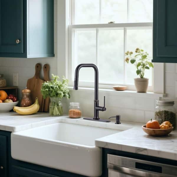 17 in. Single Handle Pull Down Sprayer Kitchen Faucet with 360° 2-Mode Spray and Soap Dispenser in Oil Rubbed Bronze