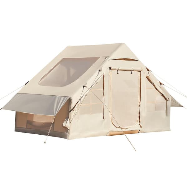 HOMMOW 10 ft. x 13 ft. Inflatable Camping Tent with Stove Jack, Extended Canopy and Ventilation Waterproof, Easy Setup, Beige
