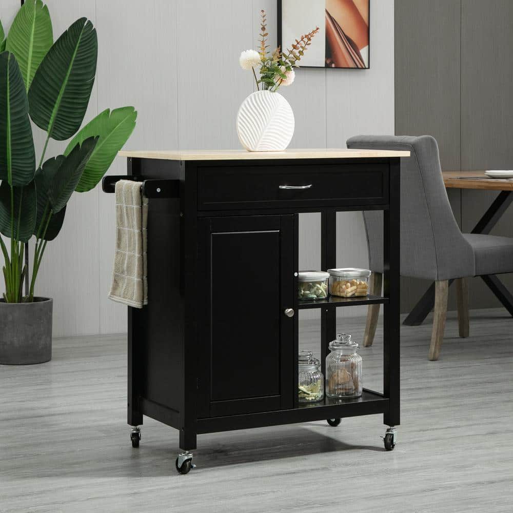 Elegant Black Solid Wood Butcher Block Kitchen Cart with Storage