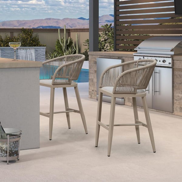Aluminum Frame Rattan Bar Height Outdoor Bar Stool with Embedded Champagne Cushions and Hollowed Back (2-Pack)