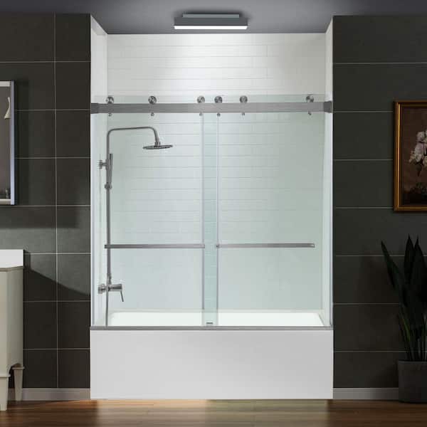 WOODBRIDGE 60 in. W x 66 in. H Double Sliding Frameless Tub Shower Door in Brushed Nickel Finish with 5/16 in. Clear Glass